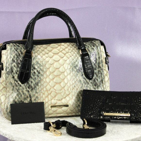 Brahmin Python Embossed Leather Satchel & Matching Wallet Set – Cream/Black - Picture 1 of 17